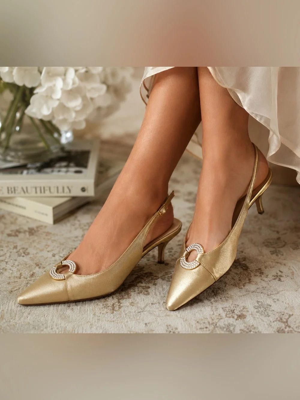 Karen Scott Whitney Gold Satin Slingback Kitten Heels
